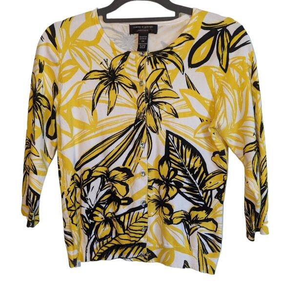 Cable & Gauge Womens Petite Medium PM Yellow Black Sweater Floral Sunny Palm - Picture 1 of 7